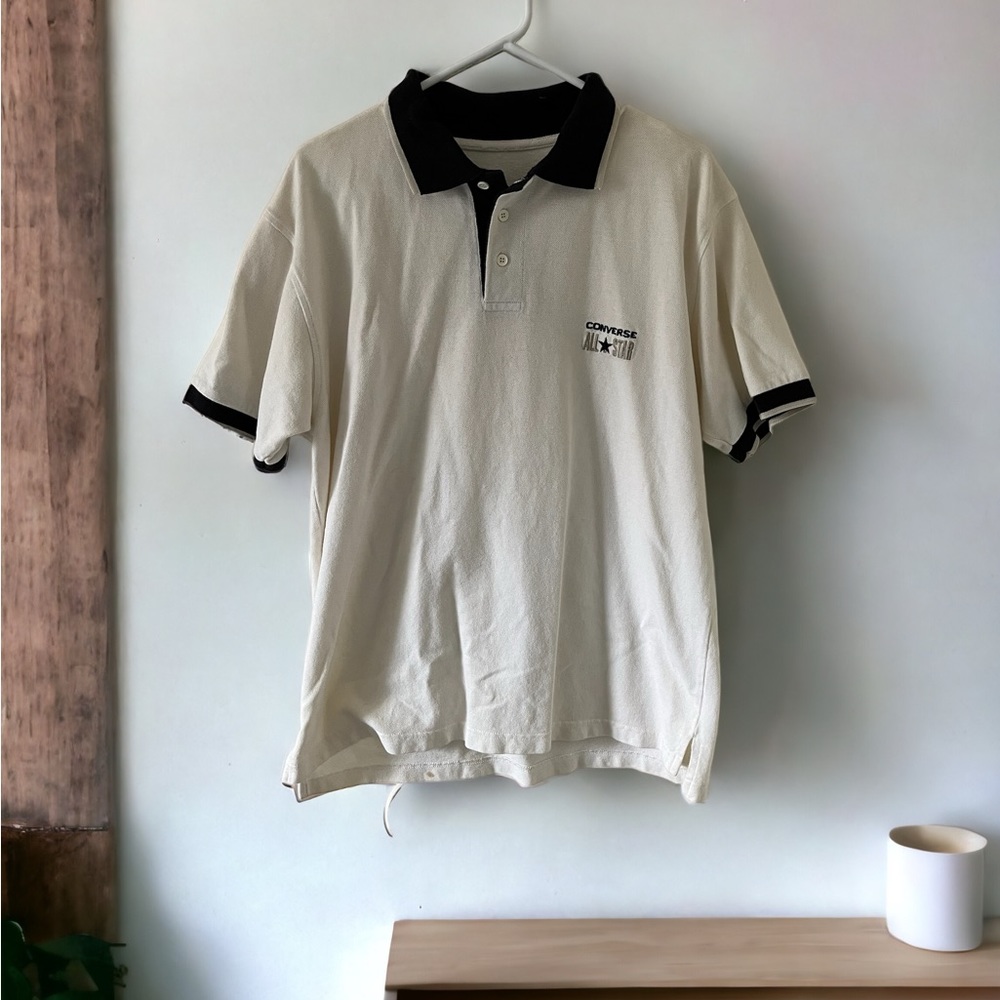 Vintage Converse All Star Mens White Polo Shirt Black Collar Embroidered Logo‎ L